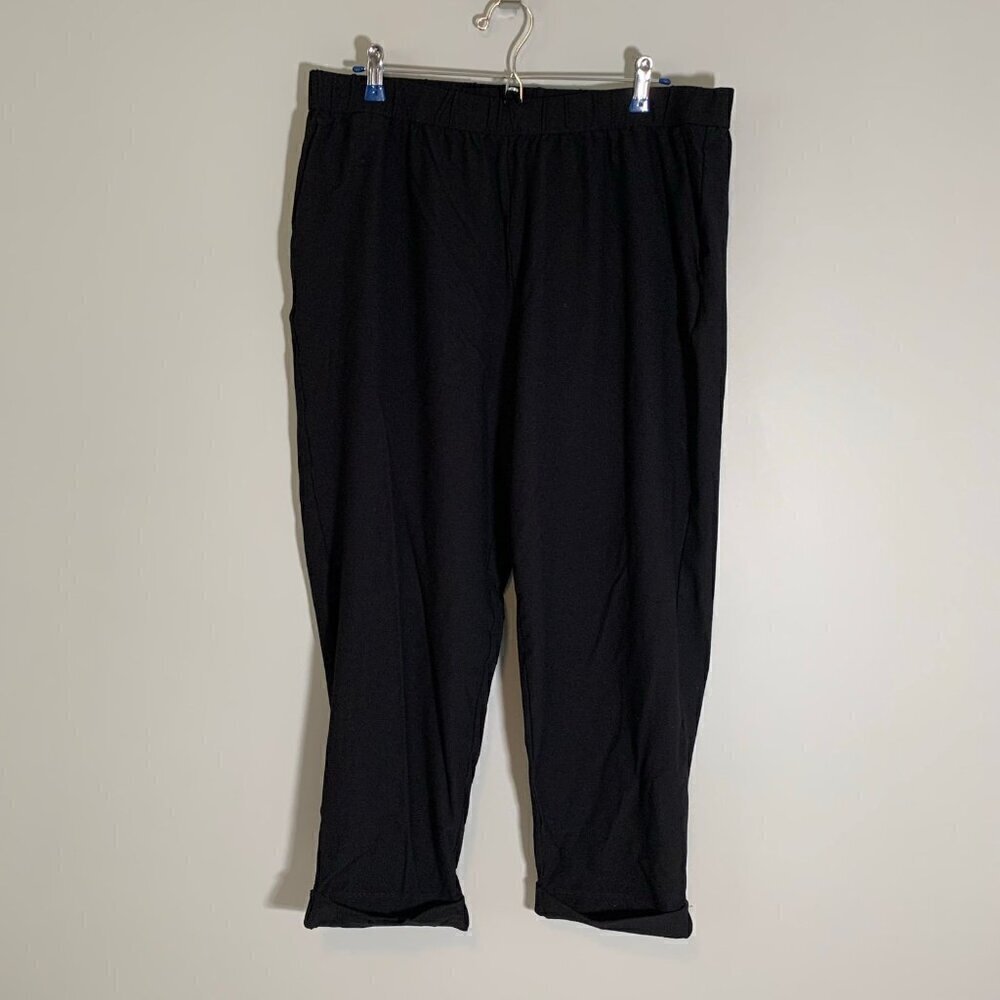 Eileen Fisher Womens Large Black Crepe Elastic Waist Rolled Cuff Ankle‎ Pants